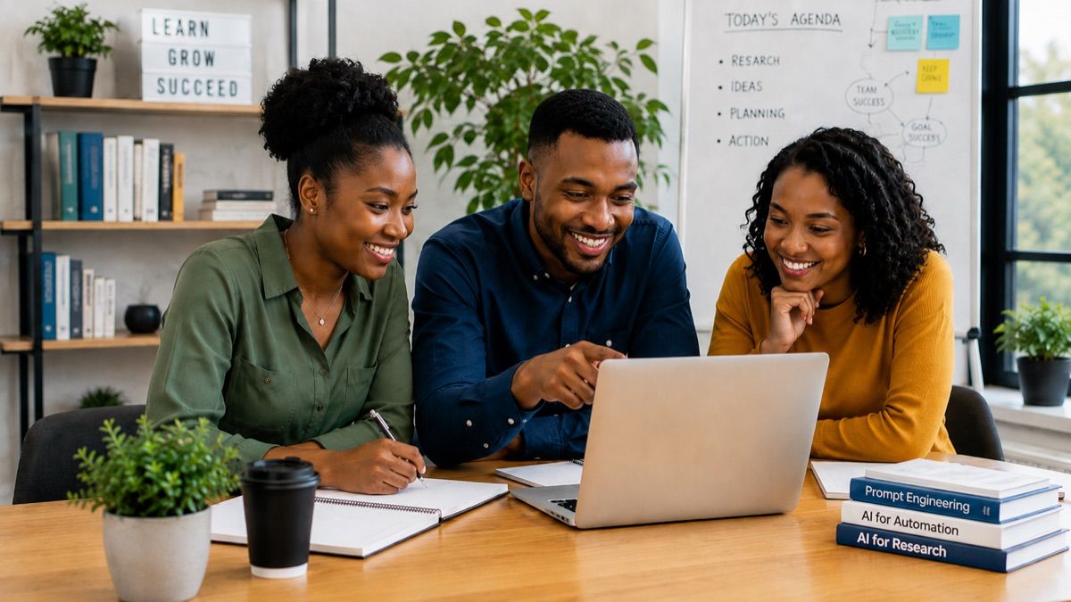 Three learners smiling at a laptop in a bright office, with AI textbooks on the desk