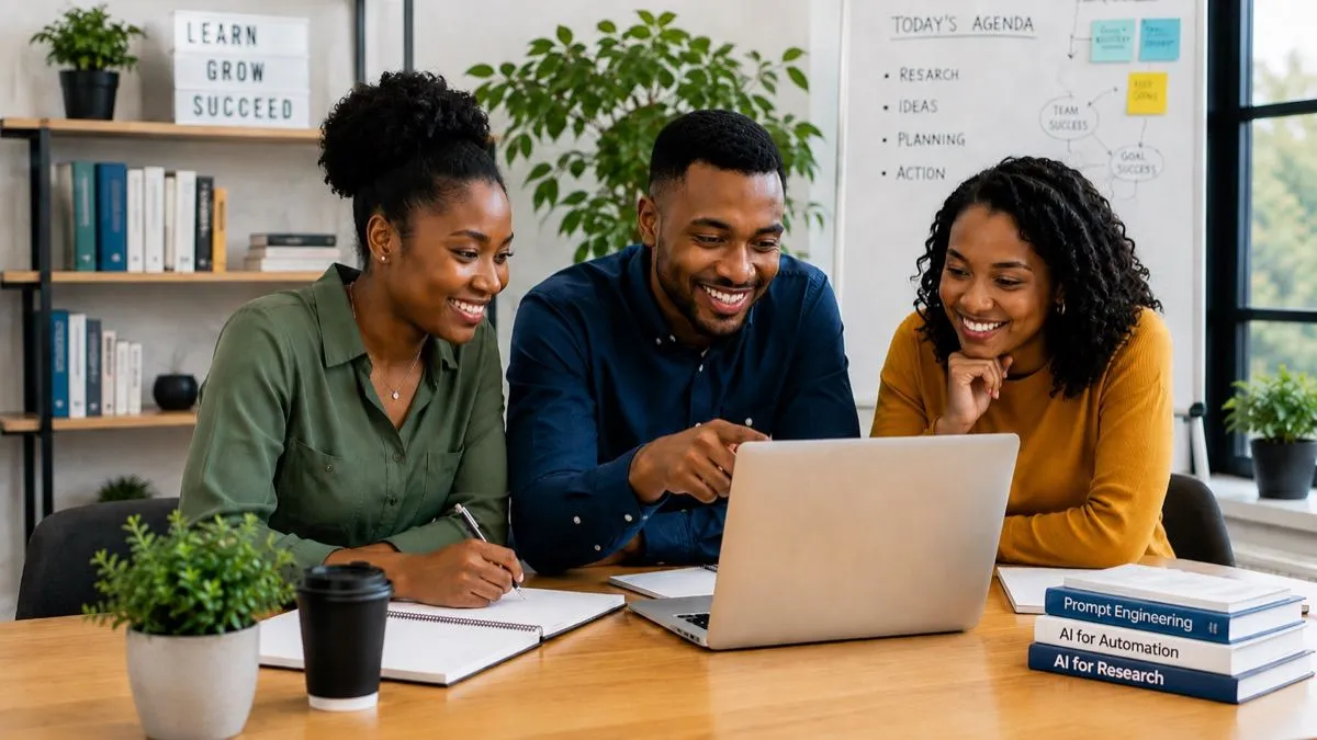 Three learners smiling at a laptop in a bright office, with AI textbooks on the desk