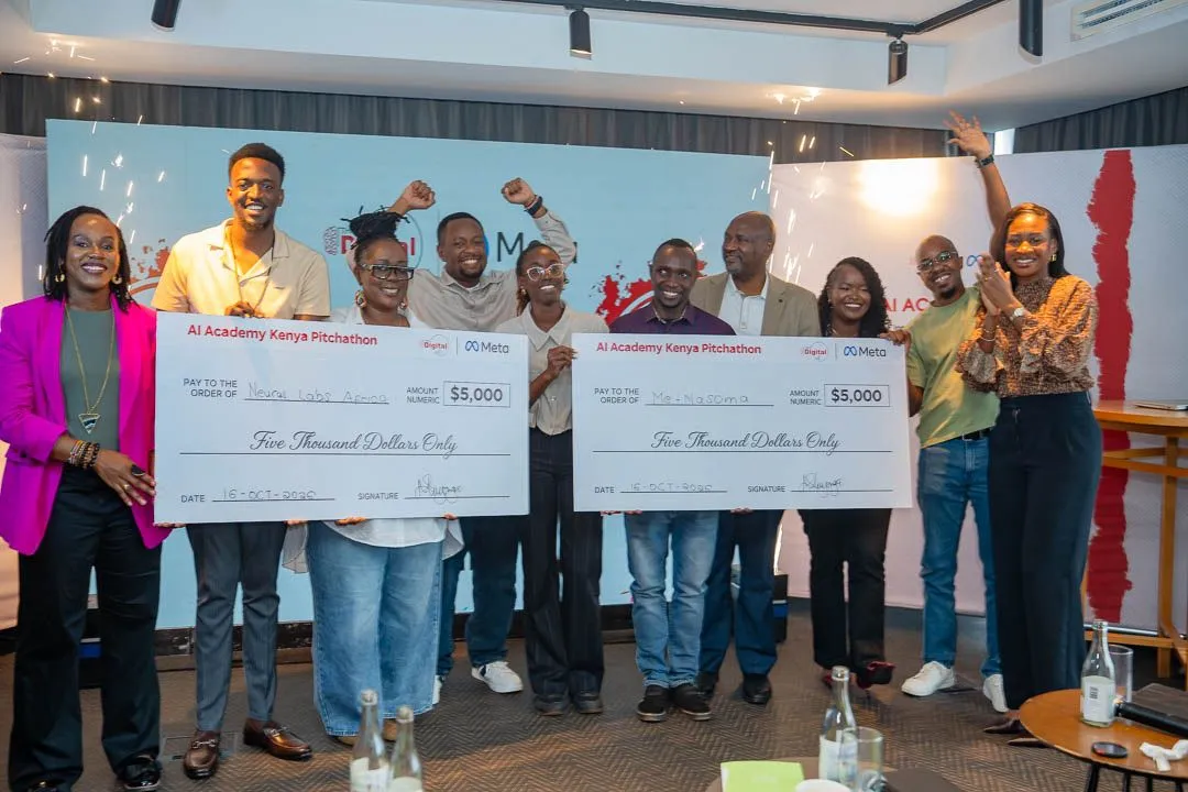 Neural Labs Africa and Me-Nasoma celebrate with their US$5,000 Pitchathon cheques alongside the organising team at The Social House, Nairobi